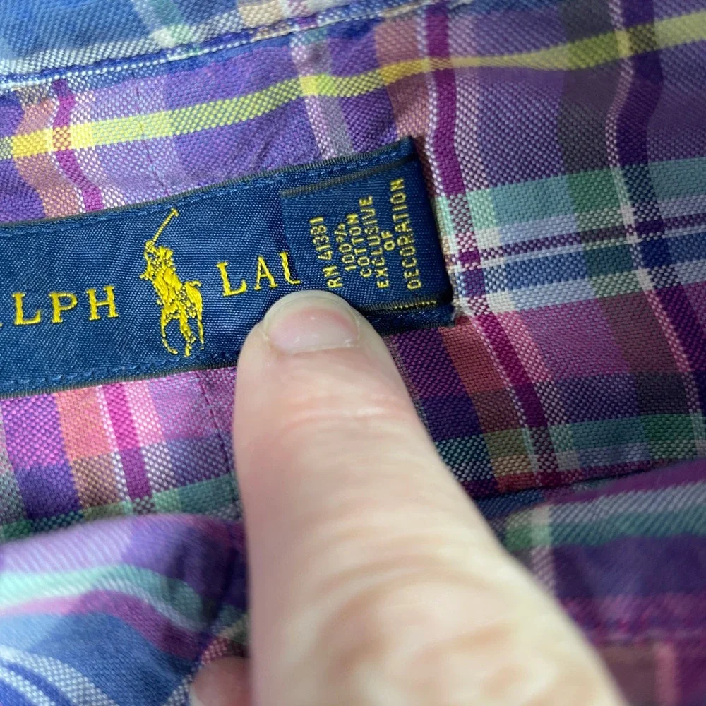 Ralph Lauren Button Down Shirt Mens L Purple Plaid Long Sleeve Pony Classic Fit
